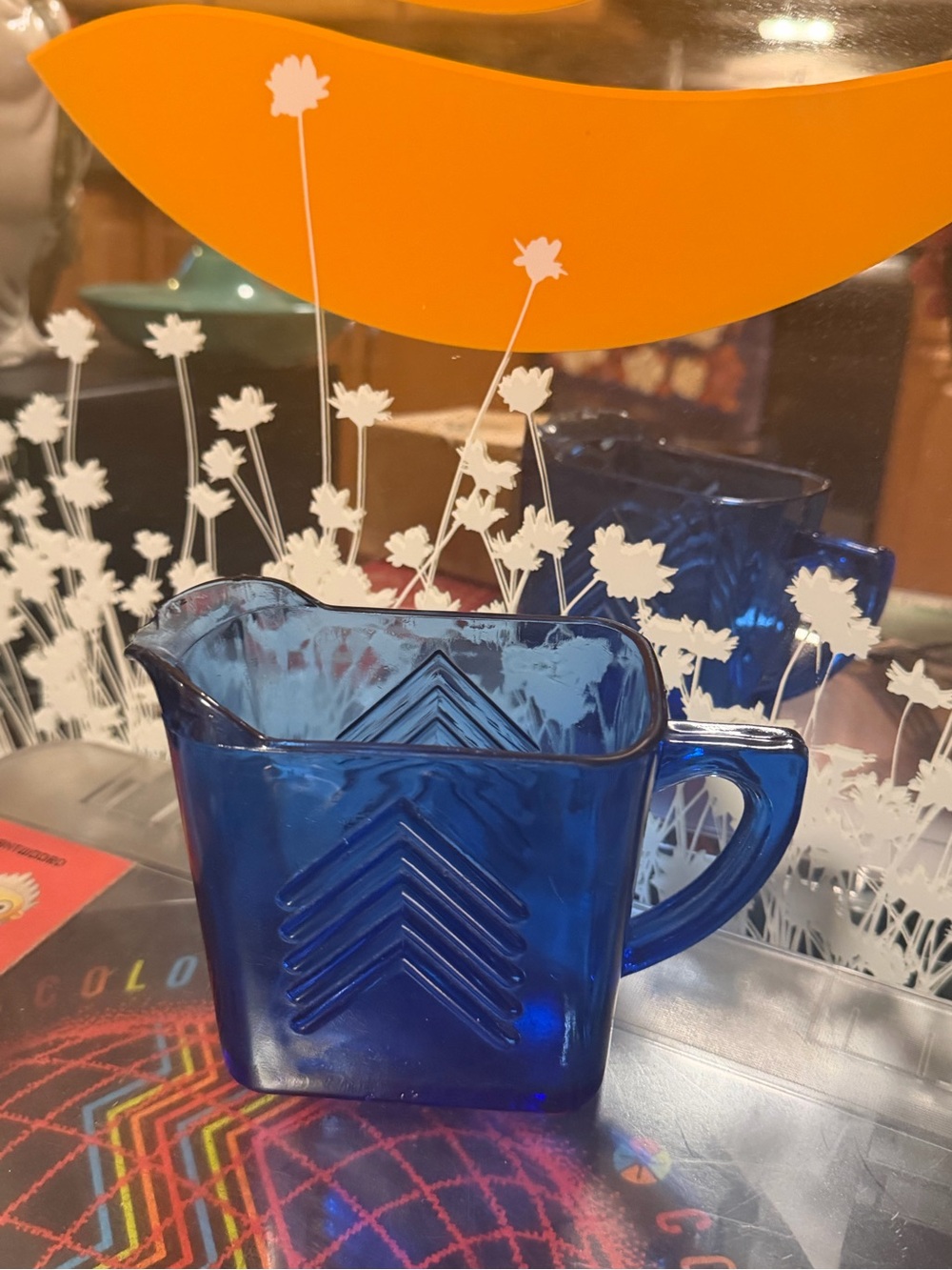 Vintage Colbalt blue glass milk pitcher, chevron pattern